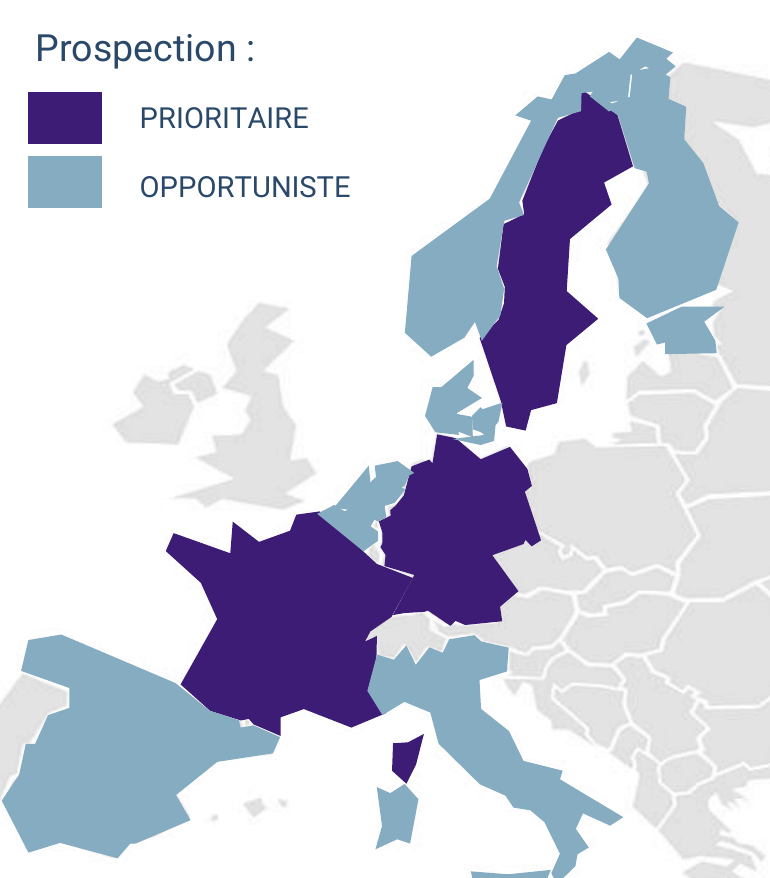 Carte de l’Europe – Prospection : PRIORITAIRE, OPPORTUNISTE